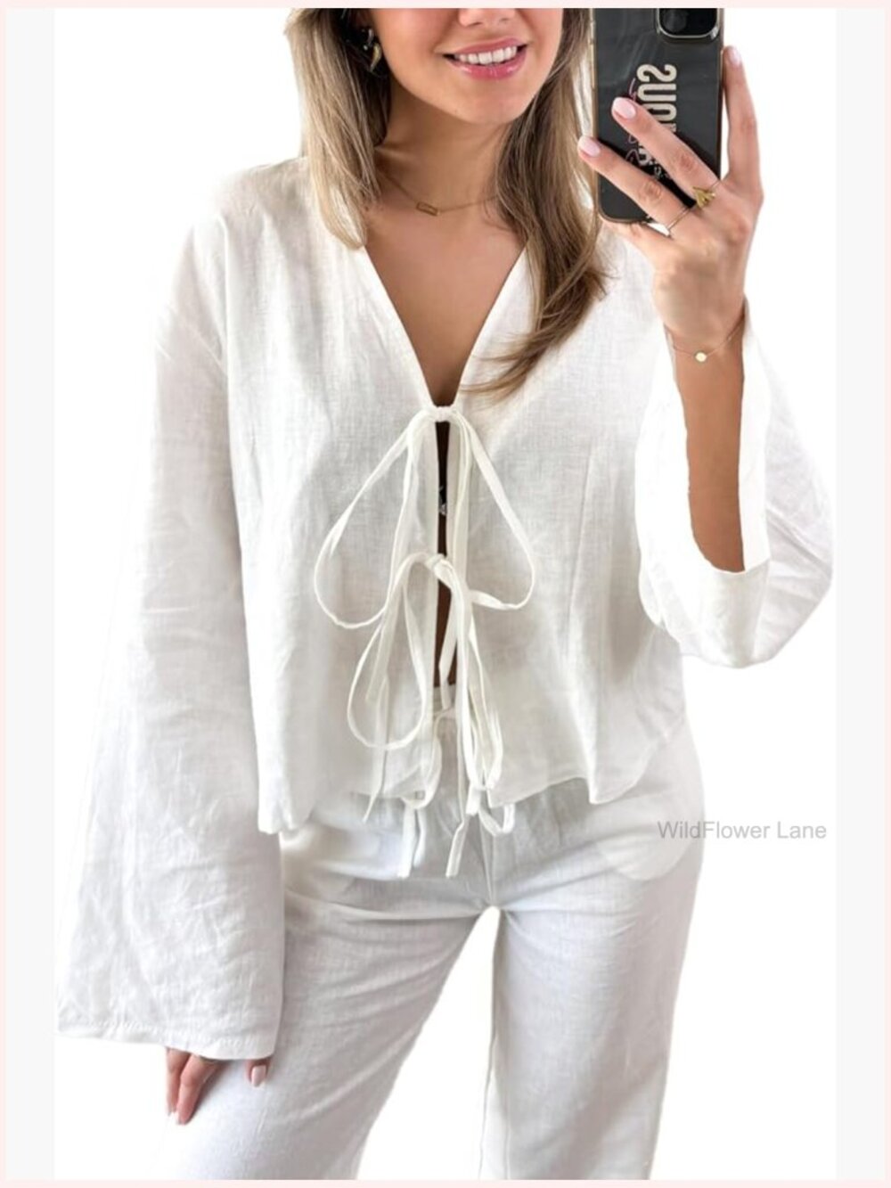 Women's Casual Lace Up Bow Front Blouse Long Flare Sleeve V Neck Tunic Top